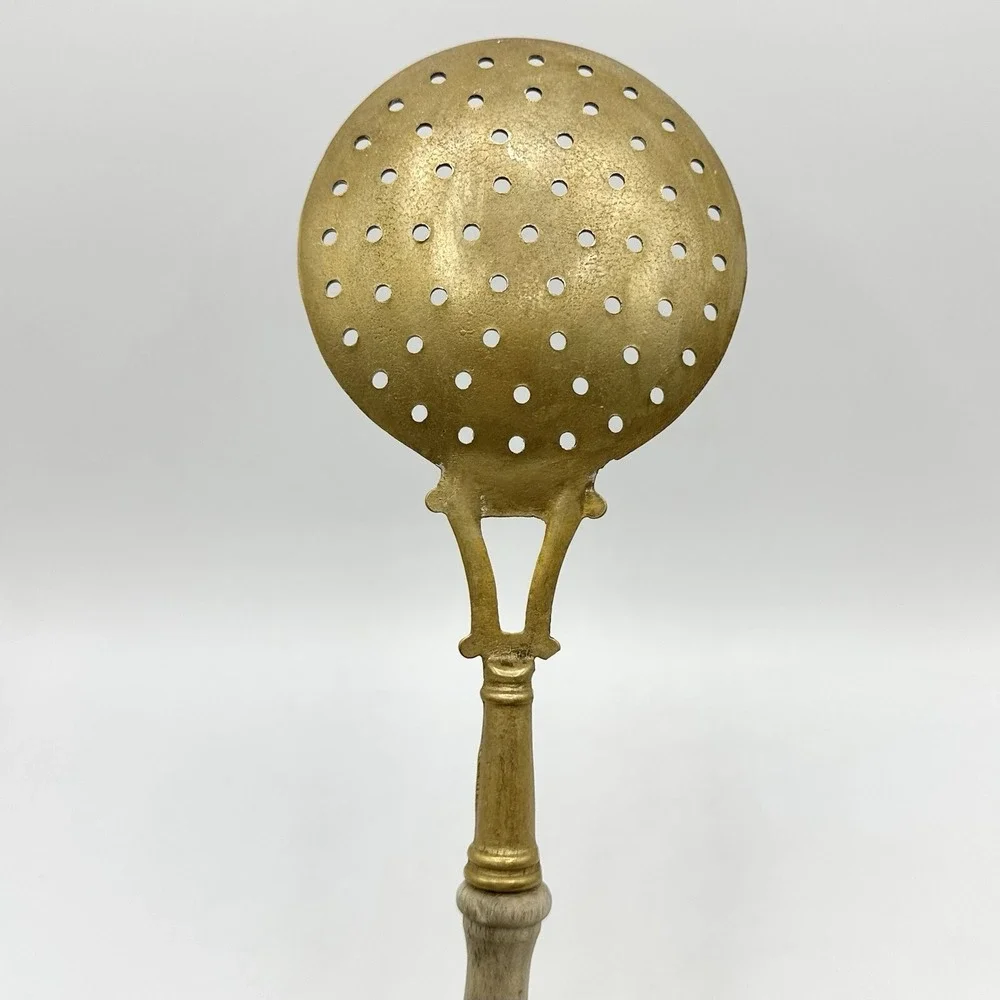 Vintage Metal Skimmer Slotted Spoon Ladle Utensil Wood Handle